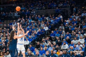 Creighton Bluejay Hudson Greer (10) shoots a three pointer during a college basketball game against Xavier on Jan 21, 2026, in Omaha, Nebraska. Photo by Brandon Tiedemann