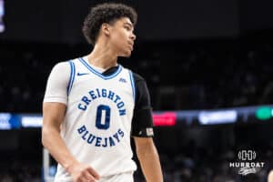 Creighton Bluejay Jasen Green (0) walks down the court during a college basketball game against Xavier on Jan 21, 2026, in Omaha, Nebraska. Photo by Brandon Tiedemann