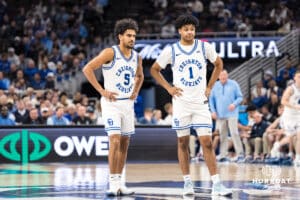 Creighton Bluejays Nik Graves (5) and Austin Swartz (1) talk during a free threow during a college basketball game against Xavier on Jan 21, 2026, in Omaha, Nebraska. Photo by Brandon Tiedemann
