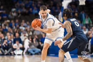 Creighton Bluejay Fedor Žugić (7) looks to get past a defender during a college basketball game against Xavier on Jan 21, 2026, in Omaha, Nebraska. Photo by Brandon Tiedemann
