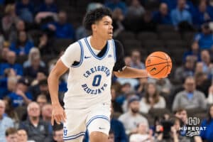 Creighton Bluejay Jasen Green (0) takes the ball up court during a college basketball game against Xavier on Jan 21, 2026, in Omaha, Nebraska. Photo by Brandon Tiedemann