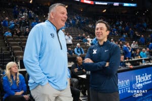 Creighton Bluejay head coach and Xavier head coach Richard Pitino talks befor a college basketball game on Jan 21, 2026, in Omaha, Nebraska. Photo by Brandon Tiedemann