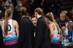 Omaha Supernovas head coach Luka Slabe talks to the players during a professional volleyball match on Sunday, Jan. 18, 2026, in Omaha, Nebraska. Photo by Jackson Luethje.
