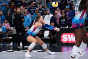 Omaha Supernovas Norah TeBrake (7) digs the ball against the Orlando Valkyries during a professional volleyball match on Sunday, Jan. 18, 2026, in Omaha, Nebraska. Photo by Jackson Luethje.