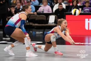 Omaha Supernovas Brooke Nuneviller (5) digs the ball against the Orlando Valkyries during a professional volleyball match on Sunday, Jan. 18, 2026, in Omaha, Nebraska. Photo by Jackson Luethje.