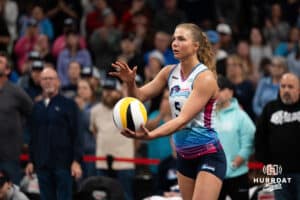Omaha Supernovas Brooke Nuneviller (5) readies to serve the ball against the Orlando Valkyries during a professional volleyball match on Sunday, Jan. 18, 2026, in Omaha, Nebraska. Photo by Jackson Luethje.