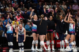Omaha Supernovas bench celebrates a kill against the Orlando Valkyries during a professional volleyball match on Sunday, Jan. 18, 2026, in Omaha, Nebraska. Photo by Jackson Luethje.