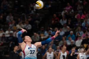 Omaha Supernovas Emily Londot (27) serves the ball against the Orlando Valkyries during a professional volleyball match on Sunday, Jan. 18, 2026, in Omaha, Nebraska. Photo by Jackson Luethje.
