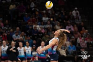 Omaha Supernovas Brooke Nuneviller (5) serves the ball against the Orlando Valkyries during a professional volleyball match on Sunday, Jan. 18, 2026, in Omaha, Nebraska. Photo by Jackson Luethje.