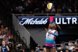 Omaha Supernovas Toyosi Onabanjo (21) serves the ball against the Orlando Valkyries during a professional volleyball match on Sunday, Jan. 18, 2026, in Omaha, Nebraska. Photo by Jackson Luethje.