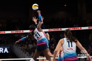 Omaha Supernovas Toyosi Onabanjo (21) spikes the ball against the Orlando Valkyries during a professional volleyball match on Sunday, Jan. 18, 2026, in Omaha, Nebraska. Photo by Jackson Luethje.