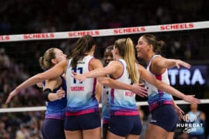 Omaha Supernovas celebrates a kill against the Orlando Valkyries during a professional volleyball match on Sunday, Jan. 18, 2026, in Omaha, Nebraska. Photo by Jackson Luethje.