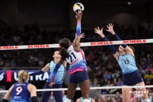 Omaha Supernovas Toyosi Onabanjo (21) spike the bal against the Orlando Valkyries during a professional volleyball match on Sunday, Jan. 18, 2026, in Omaha, Nebraska. Photo by Jackson Luethje.