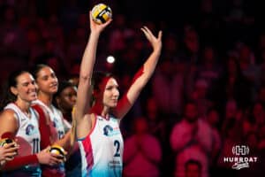 Omaha Supernovas Sydney Hilley (2) waves to the fans before taking on the Orlando Valkyries during a professional volleyball match on Sunday, Jan. 18, 2026, in Omaha, Nebraska. Photo by Jackson Luethje.