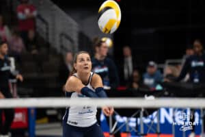 Orlando Valkyries Teodora Pusic (12) digs the ball warming up against the Omaha Supernovas during a professional volleyball match on Sunday, Jan. 18, 2026, in Omaha, Nebraska. Photo by Jackson Luethje.