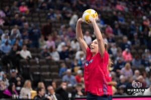 Omaha Supernovas Sydney Hilley (2) warms up setting before taking on the Orlando Valkyries during a professional volleyball match on Sunday, Jan. 18, 2026, in Omaha, Nebraska. Photo by Jackson Luethje.