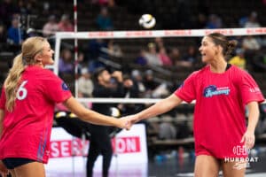 Omaha Supernovas’ Merritt Beason (13) and Leyla Blackwell (26) give each other five before taking on the Orlando Valkyrie during a professional volleyball match on Sunday, Jan. 18, 2026, in Omaha, Nebraska. Photo by Jackson Luethje.