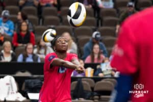Omaha Supernovas Toyosi Onabanjo (21) warms up before taking on the Orlando Valkyries during a professional volleyball match on Sunday, Jan. 18, 2026, in Omaha, Nebraska. Photo by Jackson Luethje.