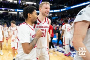 Nebraska Cornhuskers guard Jamarques Lawrence, left, and forward Rienk Mast (51) walk off the court after a 77-58 win over the Northwestern Wildcats in a college basketball game on Saturday, Jan. 17, 2026, in Evanston, Illinois. Photo by Kayla Wolf.