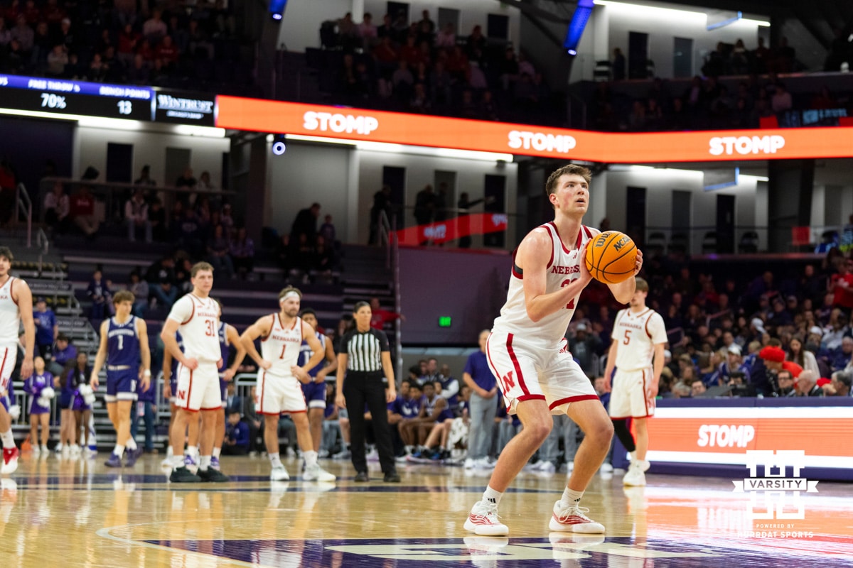 Nebraska Cornhuskers forward Pryce Sandfort (21) shoots a free throw after a foul committed by the Northwestern Wildcats was upgraded to flagrant one during the second half of a college basketball game on Saturday, Jan. 17, 2026, in Evanston, Illinois. Photo by Kayla Wolf.