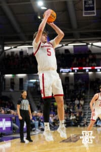 Nebraska Cornhuskers forward Braden Frager (5) scores a three-point basket during the second half of a college basketball game against the Northwestern Wildcats on Saturday, Jan. 17, 2026, in Evanston, Illinois. Photo by Kayla Wolf.
