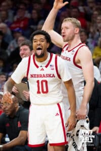 Nebraska Cornhuskers guard Jamarques Lawrence (10) and forward Rienk Mast (51) react to a dunk by forward Berke Büyüktuncel (9) during the second half of a college basketball game against the Northwestern Wildcats on Saturday, Jan. 17, 2026, in Evanston, Illinois. Photo by Kayla Wolf.