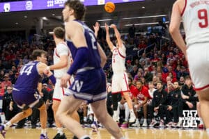 Nebraska Cornhuskers forward Braden Frager (5) scores a three-point basket during the second half of a college basketball game against the Northwestern Wildcats on Saturday, Jan. 17, 2026, in Evanston, Illinois. Photo by Kayla Wolf.