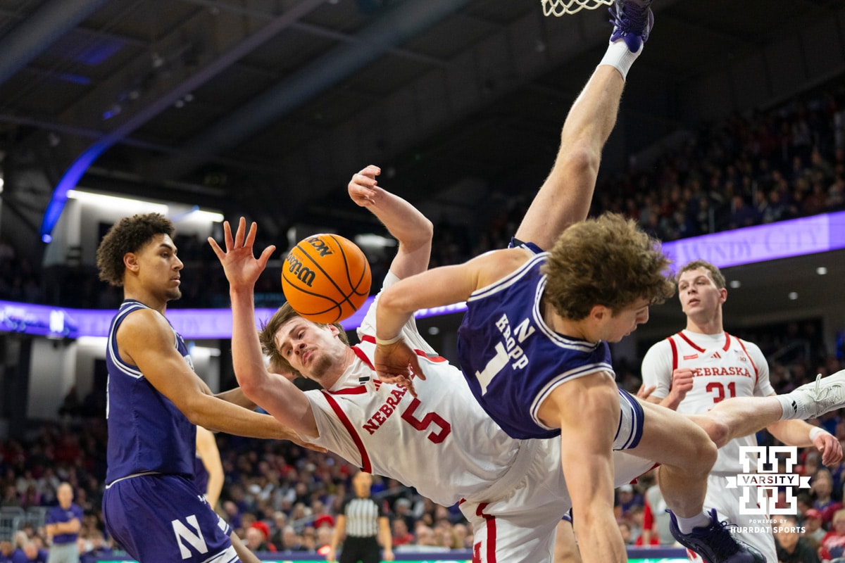 2026 Nebraska Men’s Basketball v Northwestern | Hail Varsity Nebraska Cornhuskers forward Braden Frager (5) is fouled by Northwestern Wildcats forward Tyler Kropp (1) during the second half of a college basketball game on Saturday, Jan. 17, 2026, in Evanston, Illinois. Photo by Kayla Wolf.