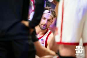 Nebraska Cornhuskers guard Sam Hoiberg (1) listens during a timeout in the second half of a college basketball game against the Northwestern Wildcats on Saturday, Jan. 17, 2026, in Evanston, Illinois. Photo by Kayla Wolf.