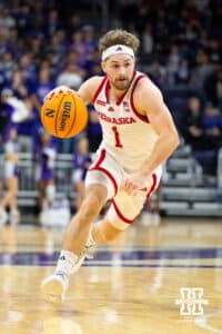 Nebraska Cornhuskers guard Sam Hoiberg (1) drives to the basket against the Northwestern Wildcats during the second half of a college basketball game on Saturday, Jan. 17, 2026, in Evanston, Illinois. Photo by Kayla Wolf.