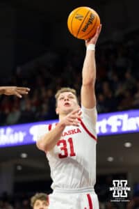 Nebraska Cornhuskers guard Cale Jacobsen (31) scores against the Northwestern Wildcats during the second half of a college basketball game on Saturday, Jan. 17, 2026, in Evanston, Illinois. Photo by Kayla Wolf.