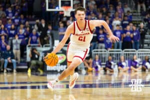Nebraska Cornhuskers forward Pryce Sandfort (21) handles the ball during the second half of a college basketball game against the Northwestern Wildcats on Saturday, Jan. 17, 2026, in Evanston, Illinois. Photo by Kayla Wolf.