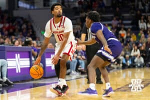 Nebraska Cornhuskers guard Jamarques Lawrence (10) handles the ball against Northwestern Wildcats guard Jayden Reid (4) during the second half of a college basketball game on Saturday, Jan. 17, 2026, in Evanston, Illinois. Photo by Kayla Wolf.