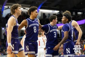 The Northwestern Wildcats regroup after a foul call during the second half of a college basketball game against the Nebraska Cornhuskers on Saturday, Jan. 17, 2026, in Evanston, Illinois. Photo by Kayla Wolf.