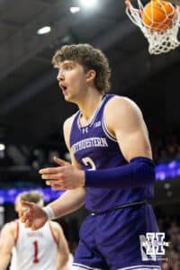 Northwestern Wildcats forward Nick Martinelli (2) reacts to a foul call during the second half of a college basketball game against the Nebraska Cornhuskers on Saturday, Jan. 17, 2026, in Evanston, Illinois. Photo by Kayla Wolf.