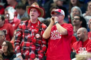 Nebraska Cornhuskers cheer during the second half of a college basketball game against the Northwestern Wildcats on Saturday, Jan. 17, 2026, in Evanston, Illinois. Photo by Kayla Wolf.