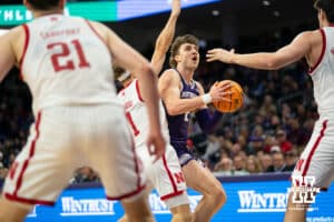 Northwestern Wildcats forward Nick Martinelli (2) looks to the basket against Nebraska Cornhuskers guard Sam Hoiberg (1) during the first half of a college basketball game on Saturday, Jan. 17, 2026, in Evanston, Illinois. Photo by Kayla Wolf.