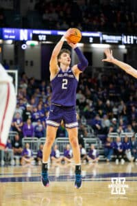 Northwestern Wildcats forward Nick Martinelli (2) scores a three-point basket against the Nebraska Cornhuskers during the first half of a college basketball game on Saturday, Jan. 17, 2026, in Evanston, Illinois. Photo by Kayla Wolf.