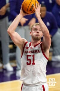 Nebraska Cornhuskers forward Rienk Mast (51) scores against the Northwestern Wildcats during the first half of a college basketball game on Saturday, Jan. 17, 2026, in Evanston, Illinois. Photo by Kayla Wolf.