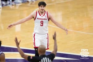 Nebraska Cornhuskers forward Berke Büyüktuncel (9) reacts to a three-point basket made by Nebraska Cornhuskers forward Pryce Sandfort (21) during the first half of a college basketball game against the Northwestern Wildcats on Saturday, Jan. 17, 2026, in Evanston, Illinois. Photo by Kayla Wolf.