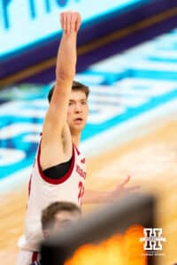Nebraska Cornhuskers forward Pryce Sandfort (21) follows through on a three-point basket during the first half of a college basketball game against the Northwestern Wildcats on Saturday, Jan. 17, 2026, in Evanston, Illinois. Photo by Kayla Wolf.