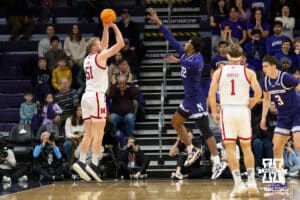 Nebraska Cornhuskers forward Rienk Mast (51) scores a three-point basket against Northwestern Wildcats forward Arrinten Page (22) during the first half of a college basketball game on Saturday, Jan. 17, 2026, in Evanston, Illinois. Photo by Kayla Wolf.