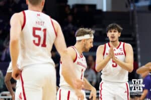 Nebraska Cornhuskers forward Berke Büyüktuncel (9) reacts to a defensive stop against the Northwestern Wildcats during the first half of a college basketball game on Saturday, Jan. 17, 2026, in Evanston, Illinois. Photo by Kayla Wolf.
