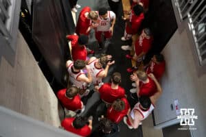 The Nebraska Cornhuskers gather in the hallway outside of the locker room before taking to the court prior to a college basketball game against the Northwestern Wildcats on Saturday, Jan. 17, 2026, in Evanston, Illinois. Photo by Kayla Wolf.