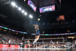Omaha Supernovas Sydney Hilley (2) serves during a major league volleyball match against the Atlanta Vibe on Jan 16, 2026, in Omaha, Nebraska. Photo by Brandon Tiedemann