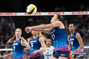 Omaha Supernovas Sarah Parsons (11) bumps the ball during a major league volleyball match against the Atlanta Vibe on Jan 16, 2026, in Omaha, Nebraska. Photo by Brandon Tiedemann