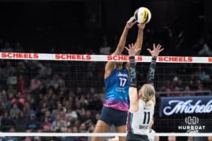 Omaha Supernovas Janice Leao (17) tips the ball during a major league volleyball match against the Atlanta Vibe on Jan 16, 2026, in Omaha, Nebraska. Photo by Brandon Tiedemann