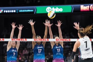 Omaha Supernovas Sydney Hilley (2), Janice Leao (17) and Sarah Parsons (11) attempt to block a ball during a major league volleyball match against the Atlanta Vibe on Jan 16, 2026, in Omaha, Nebraska. Photo by Brandon Tiedemann