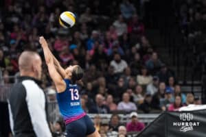Omaha Supernovas Merritt Beason (13) saves a loose ball during a major league volleyball match against the Atlanta Vibe on Jan 16, 2026, in Omaha, Nebraska. Photo by Brandon Tiedemann