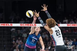 Omaha Supernovas Sarah Parsons (11) spikes the ball during a major league volleyball match against the Atlanta Vibe on Jan 16, 2026, in Omaha, Nebraska. Photo by Brandon Tiedemann